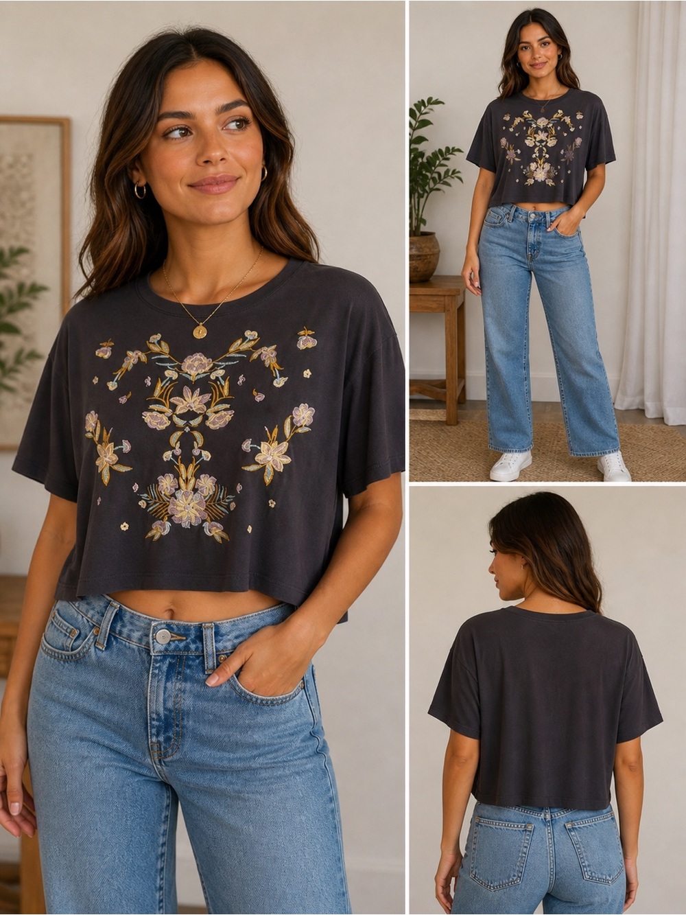 Heart Soul Floral Embroidery Grey Short sleeve T-shirt blouse